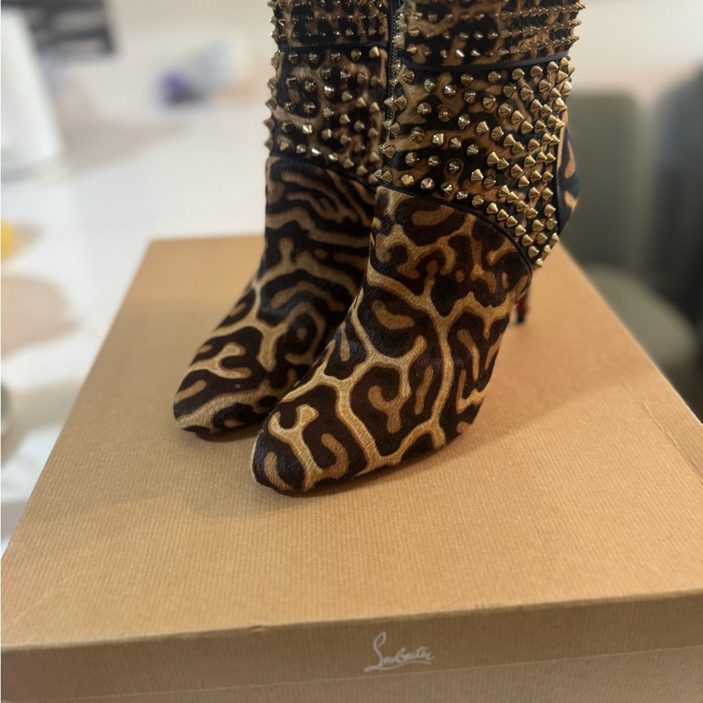 Christian Louboutin Brown Patterned Studded Heeled Boots